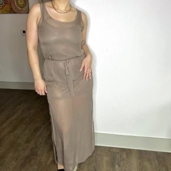 San Julian Dresses | Women's Organza Sleeveless Scoop Neck Waist Tie Beige Maxi Layered Dress | Color: Gray/Tan | Size: S